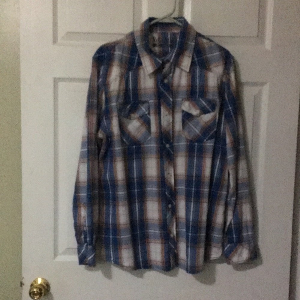 ReClaim Relaxed blue plaid long sleeve button brown shirt size large